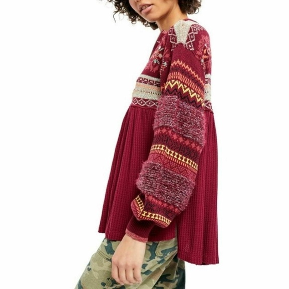 NEW Free People Fair Isle Cozy Cottage Sweater M Pullover Tunic Bell Sleeves Top - Picture 7 of 16